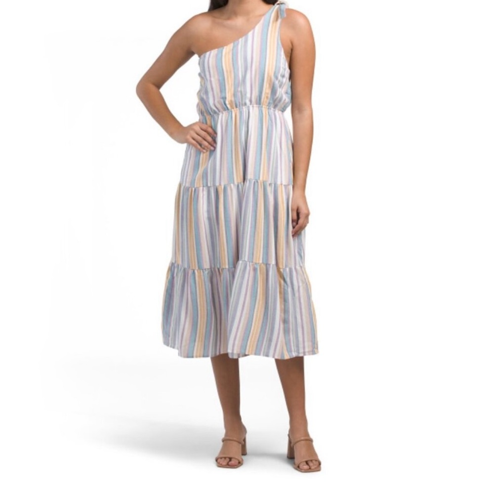 Gilli Multicolor Linen Striped Dress One Shoulder MIDI Large Women’s